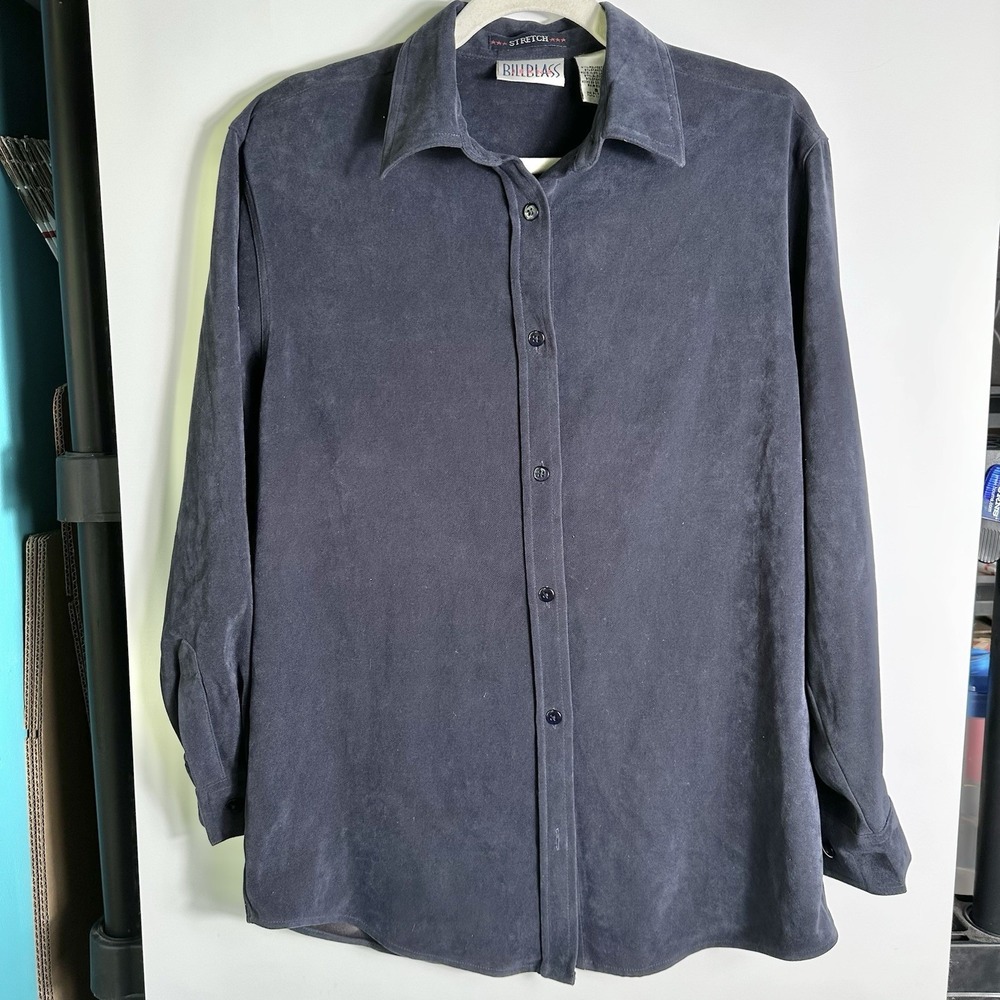 Vtg Bill Blass Jeans Faux Suede Shirt Black Womens Size S Stretch Button Up Navy